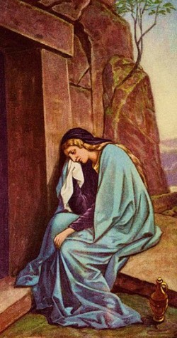 María Magdalena llora en la tumba.